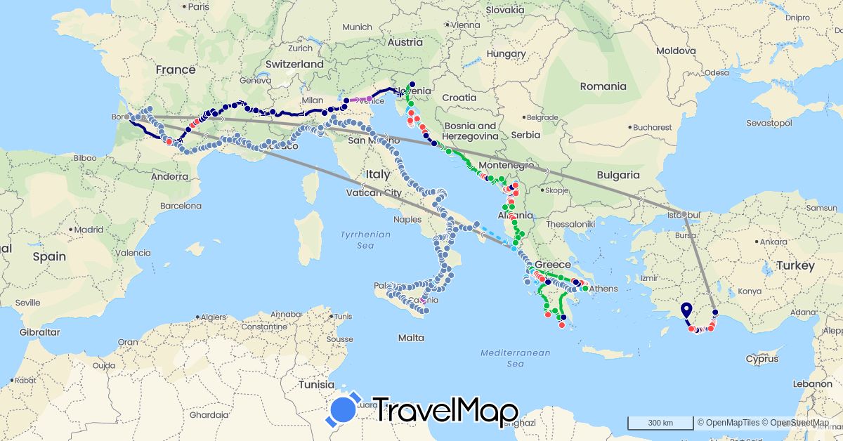 TravelMap itinerary: driving, bus, plane, cycling, train, hiking, boat in Albania, France, Greece, Croatia, Italy, Montenegro, Slovenia, Turkey (Asia, Europe)