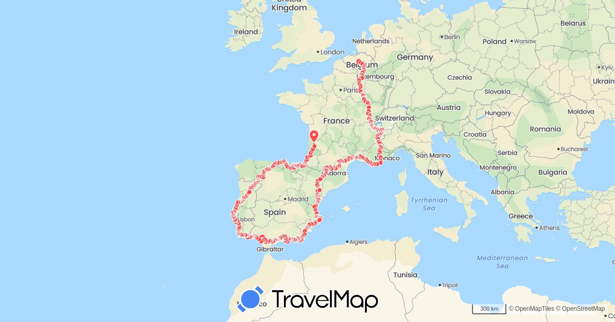 TravelMap itinerary: hiking in Belgium, Spain, France, Portugal (Europe)